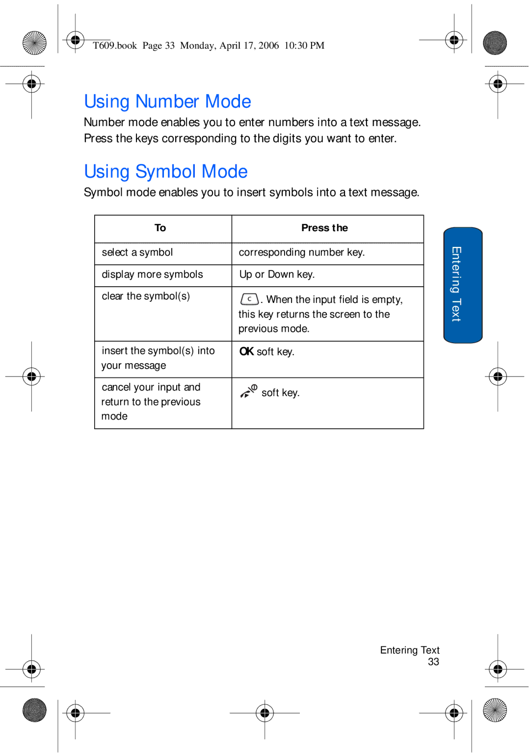 Samsung SGH-t609 manual Using Number Mode, Using Symbol Mode 