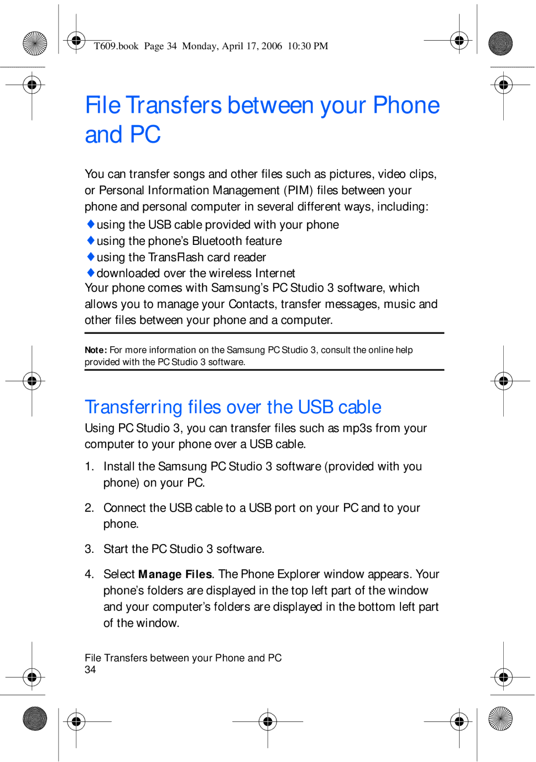 Samsung SGH-t609 manual File Transfers between your Phone and PC, Transferring files over the USB cable 