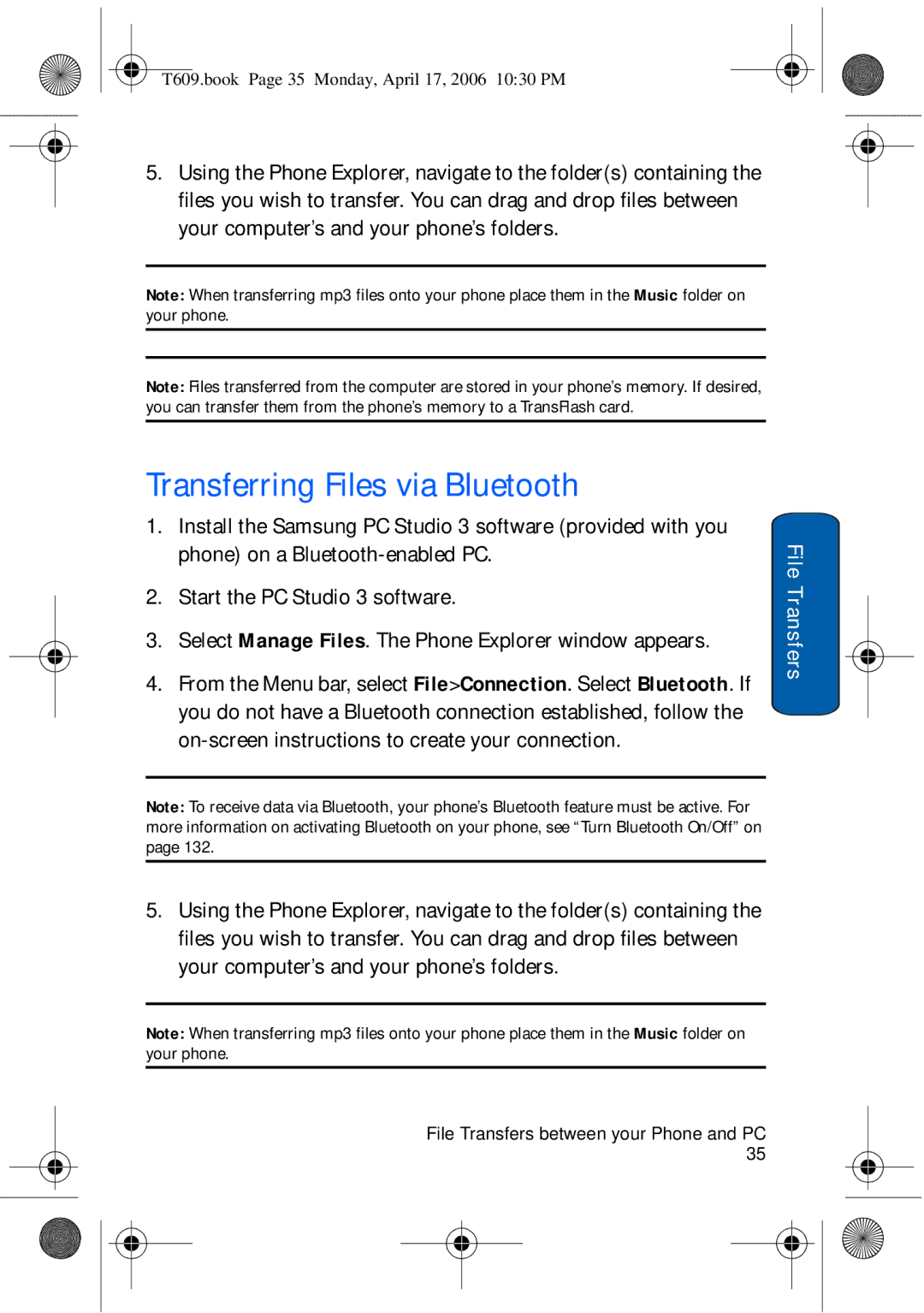 Samsung SGH-t609 manual Transferring Files via Bluetooth, File Transfers 