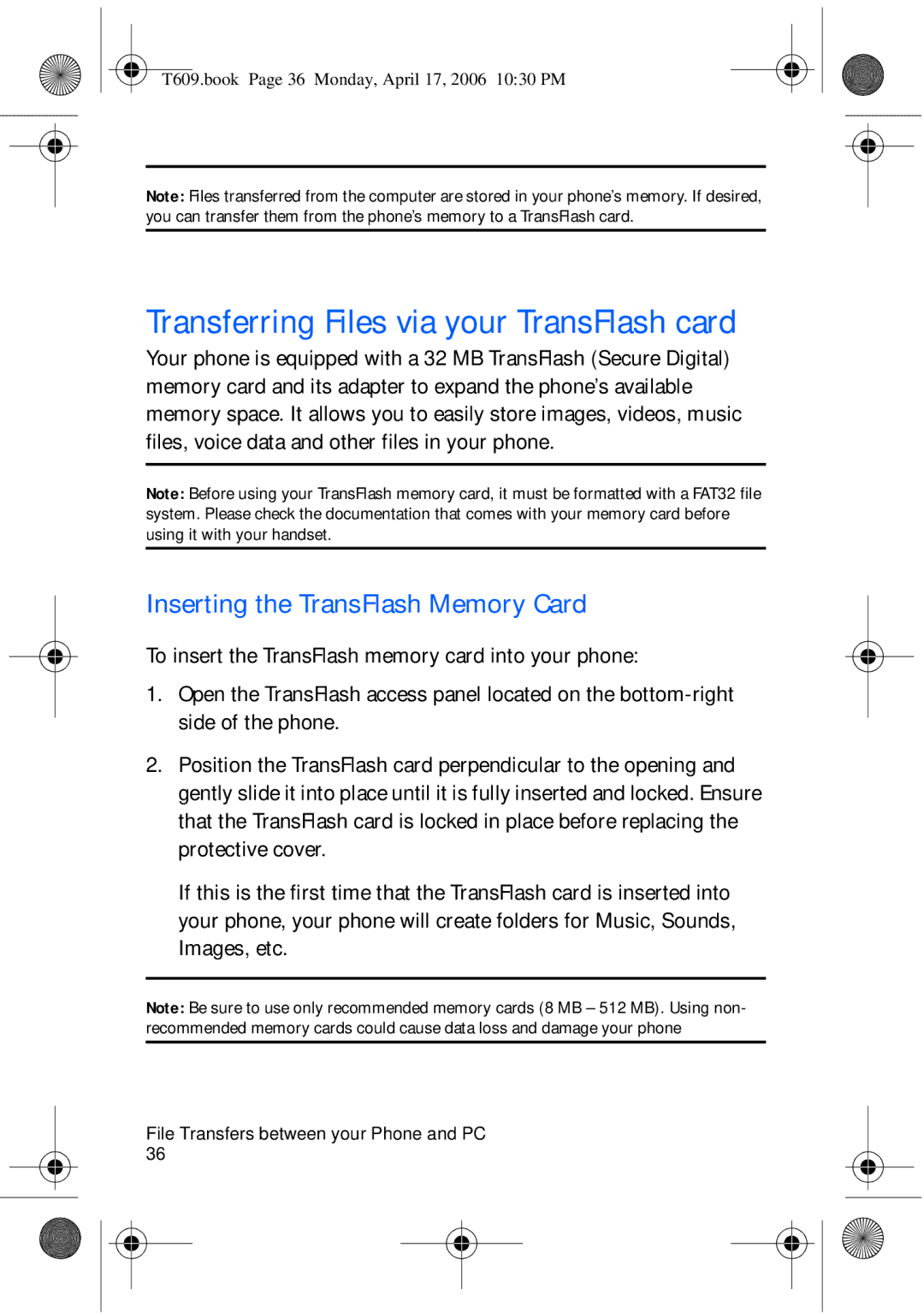 Samsung SGH-t609 manual Transferring Files via your TransFlash card, Inserting the TransFlash Memory Card 