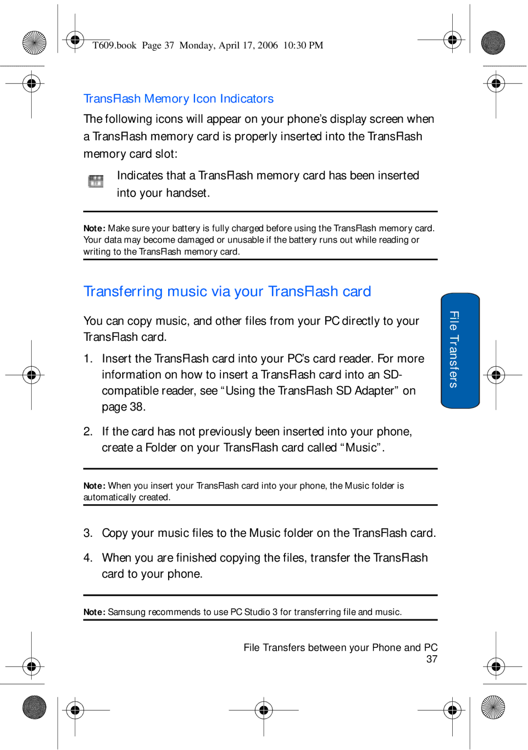 Samsung SGH-t609 manual Transferring music via your TransFlash card, TransFlash Memory Icon Indicators 