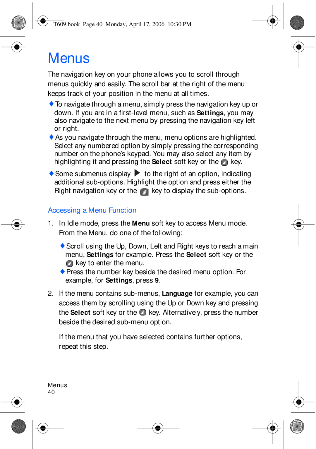 Samsung SGH-t609 manual Menus 