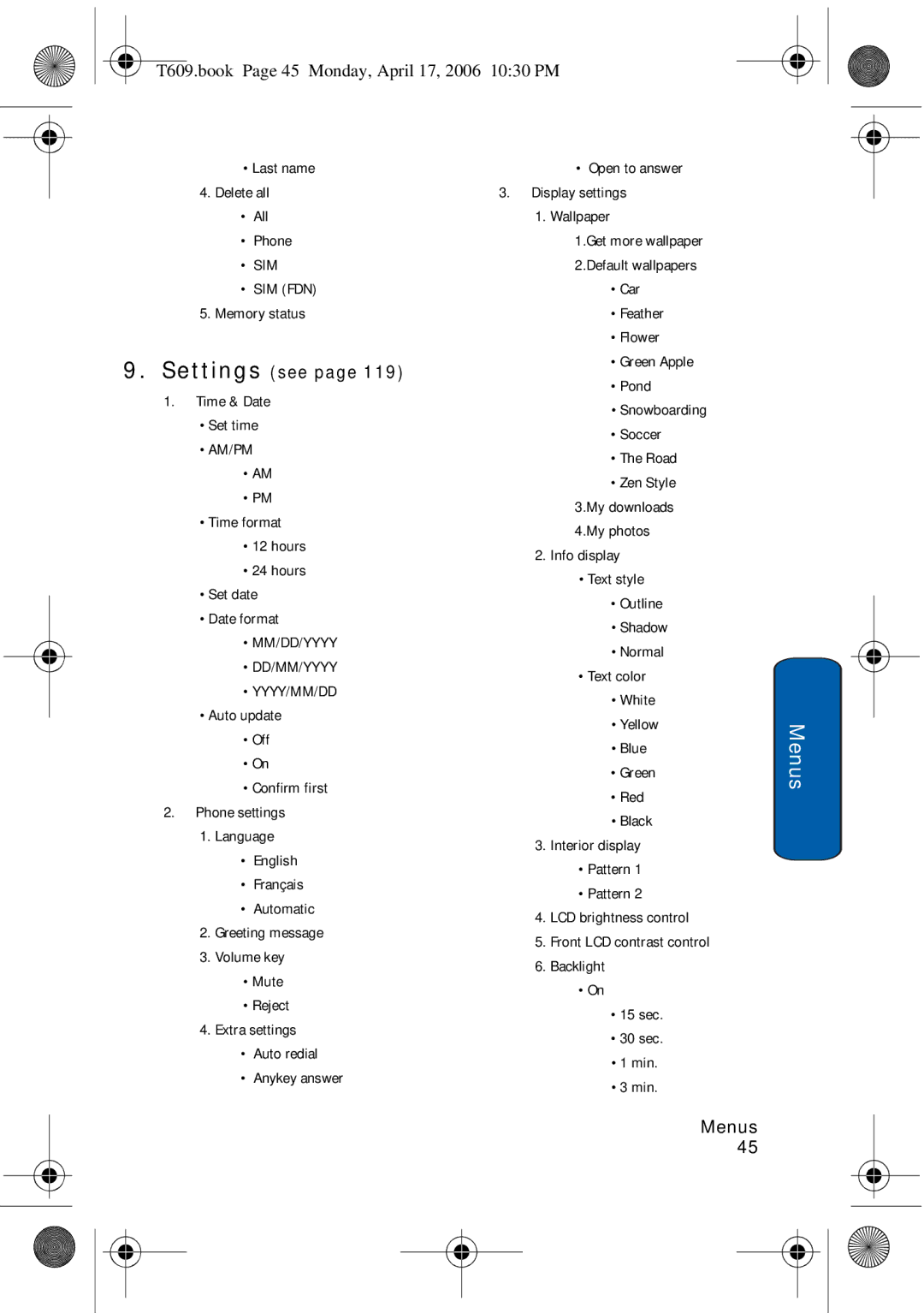 Samsung SGH-t609 manual Settings see 