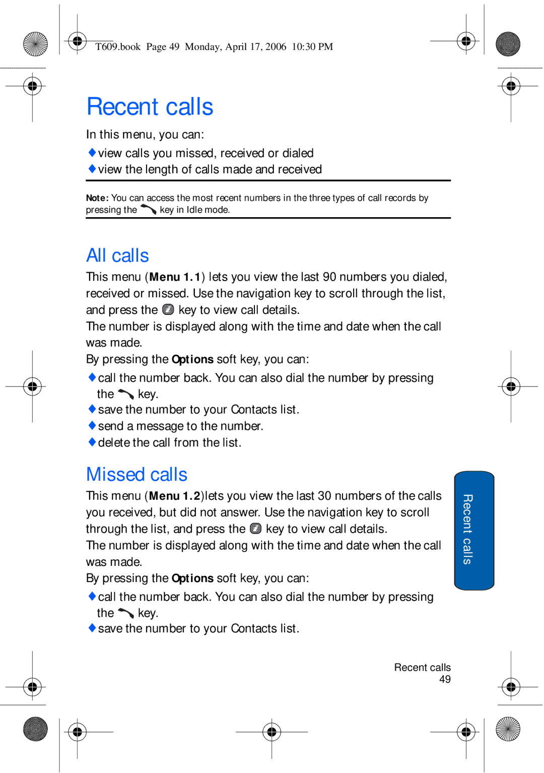 Samsung SGH-t609 manual Recent calls, All calls, Missed calls 