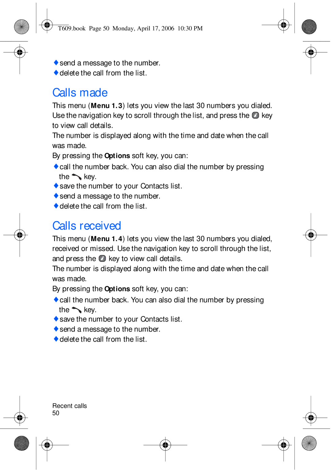 Samsung SGH-t609 manual Calls made, Calls received 