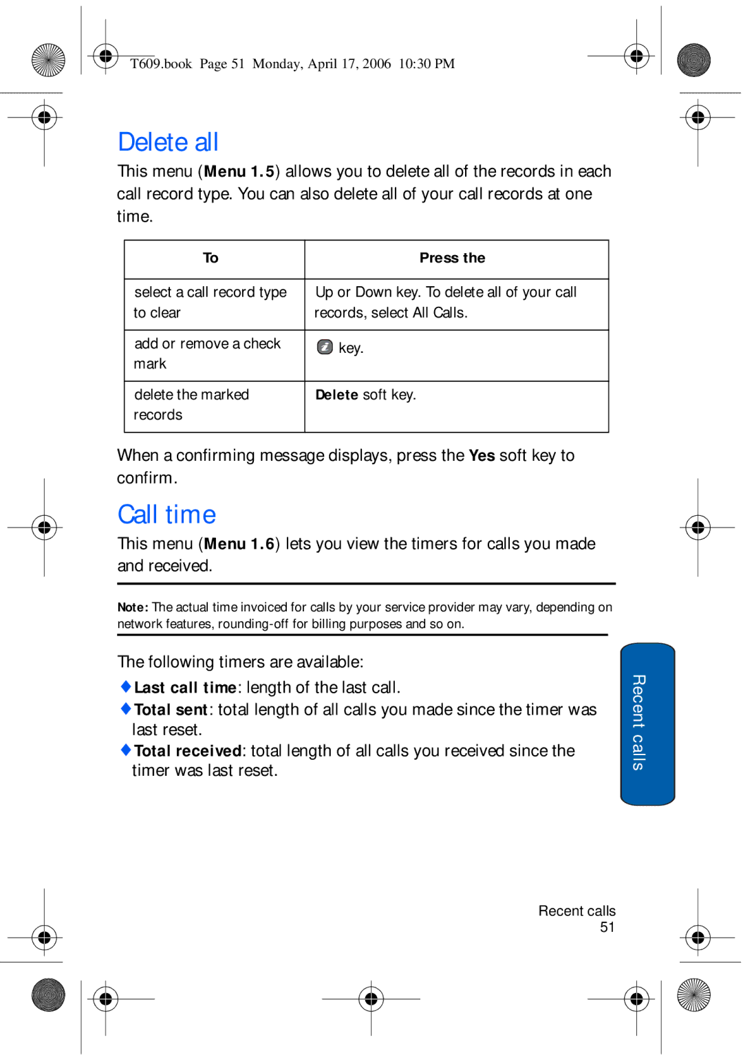 Samsung SGH-t609 manual Delete all, Call time 