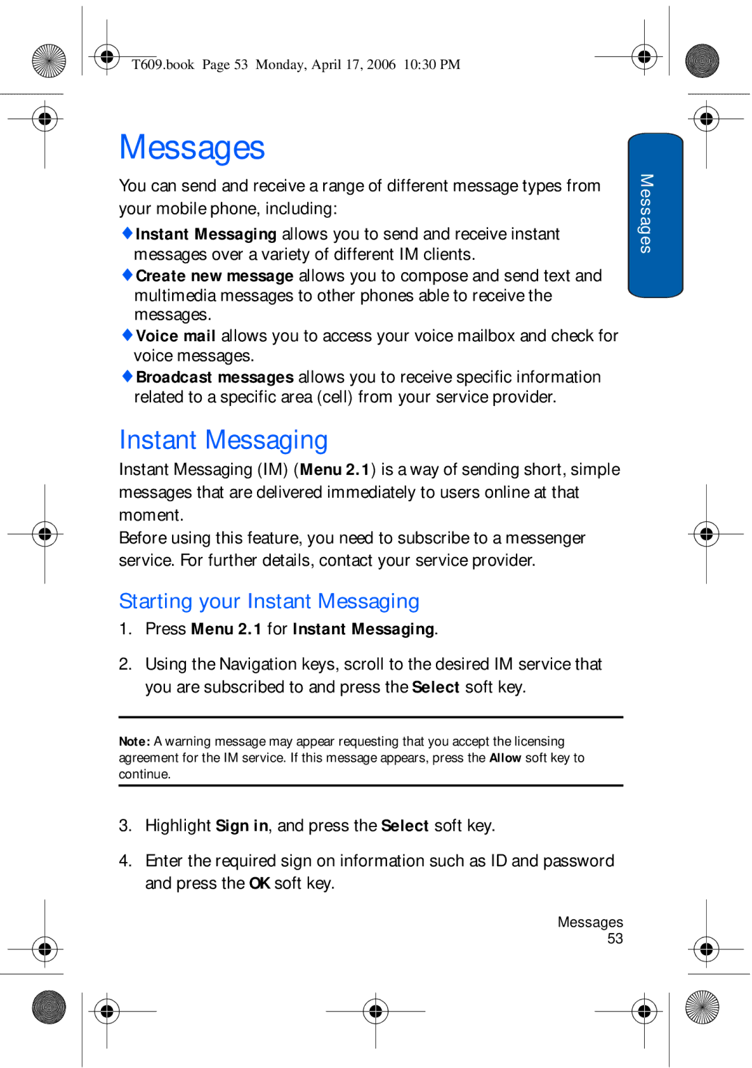 Samsung SGH-t609 manual Messages, Starting your Instant Messaging 