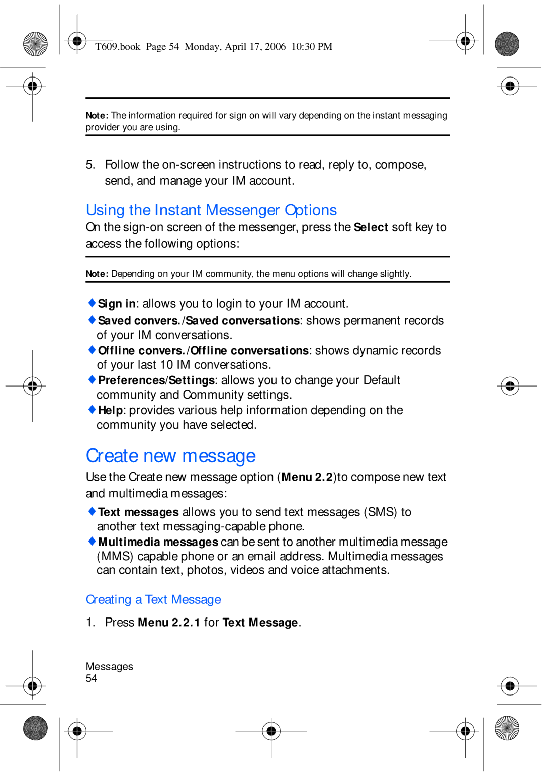 Samsung SGH-t609 manual Create new message, Using the Instant Messenger Options, Creating a Text Message 