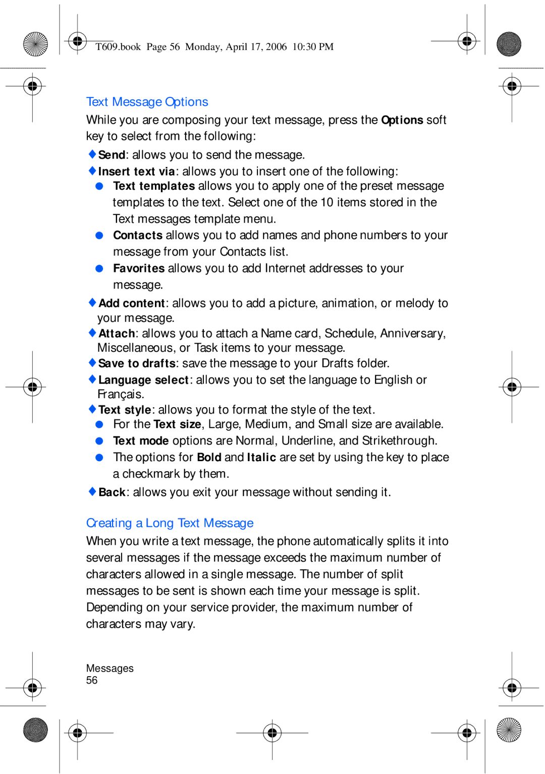 Samsung SGH-t609 manual Text Message Options, Creating a Long Text Message 