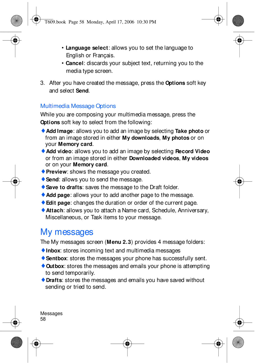 Samsung SGH-t609 manual My messages, Multimedia Message Options 