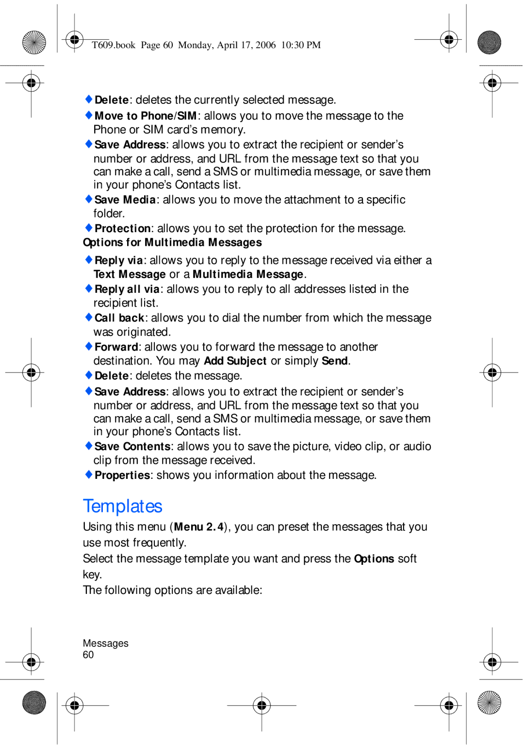 Samsung SGH-t609 manual Templates, Delete deletes the message 