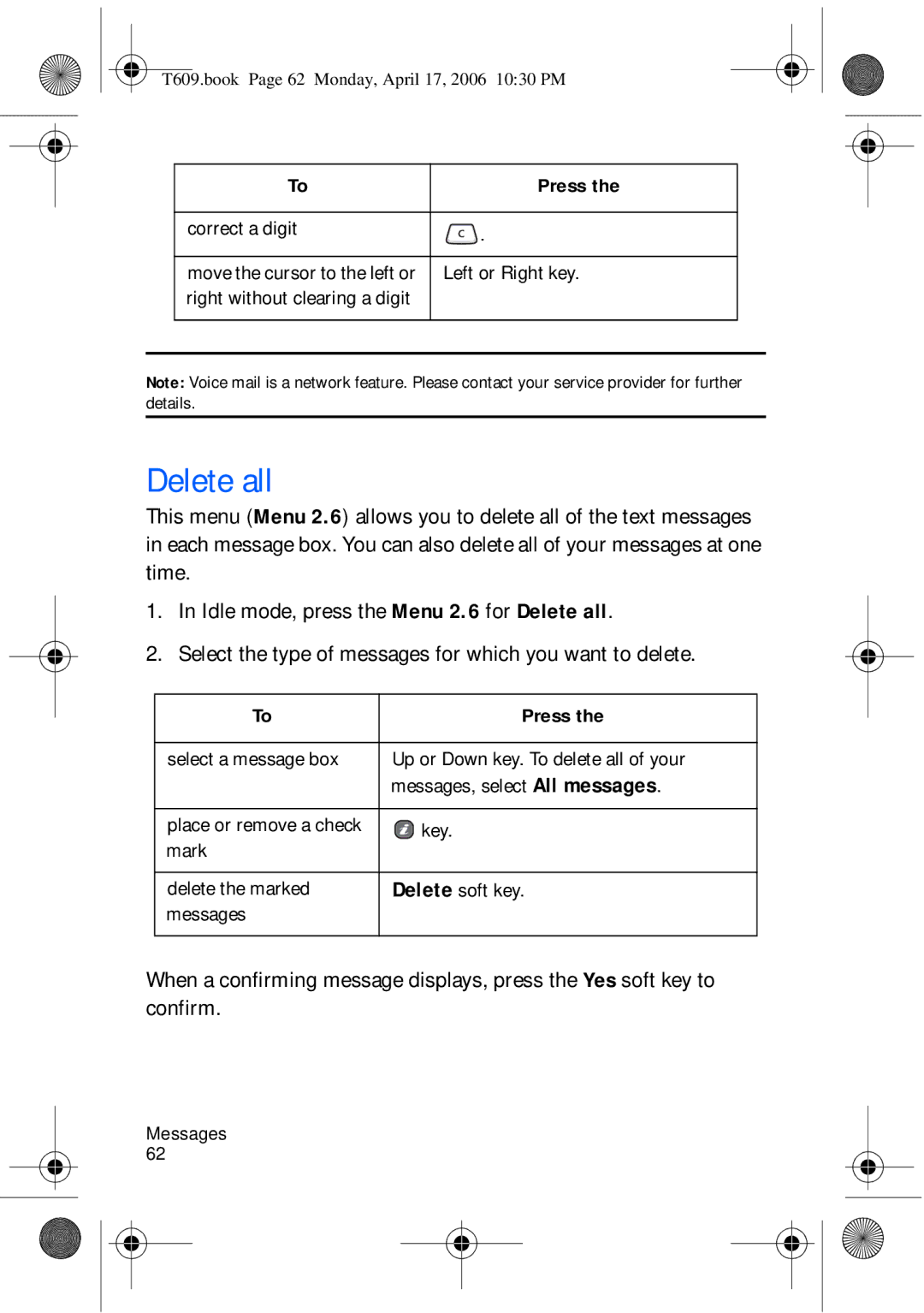 Samsung SGH-t609 manual Correct a digit 