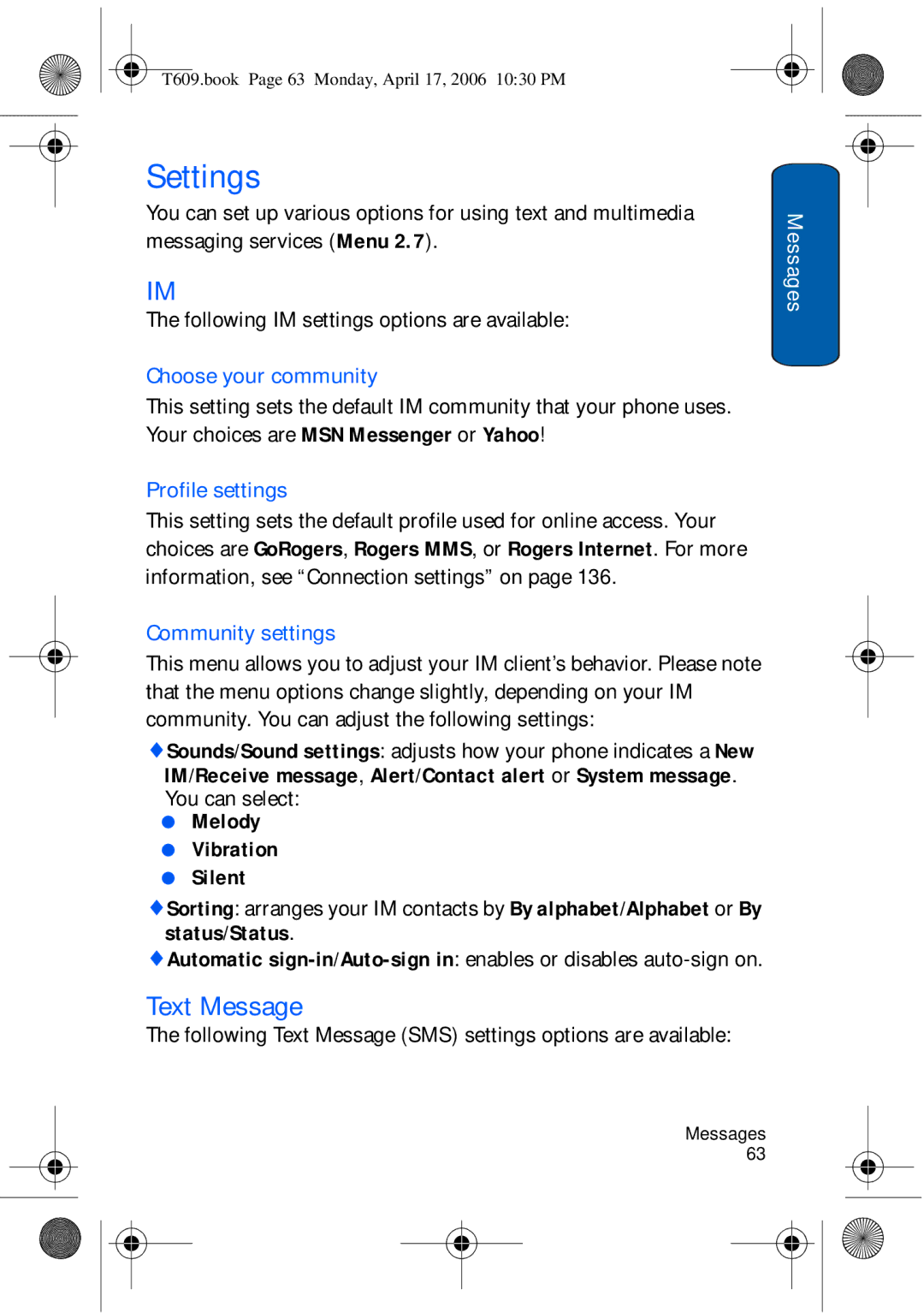 Samsung SGH-t609 manual Settings, Text Message, Choose your community, Profile settings, Community settings 