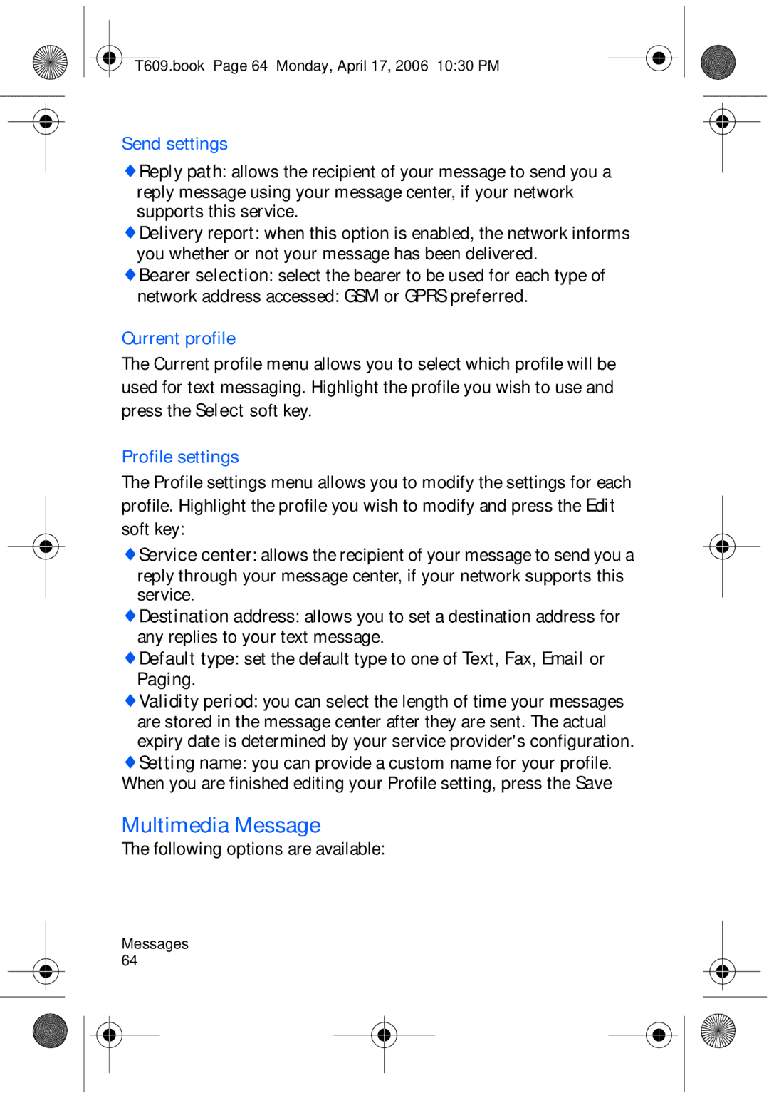 Samsung SGH-t609 manual Multimedia Message, Send settings, Current profile 