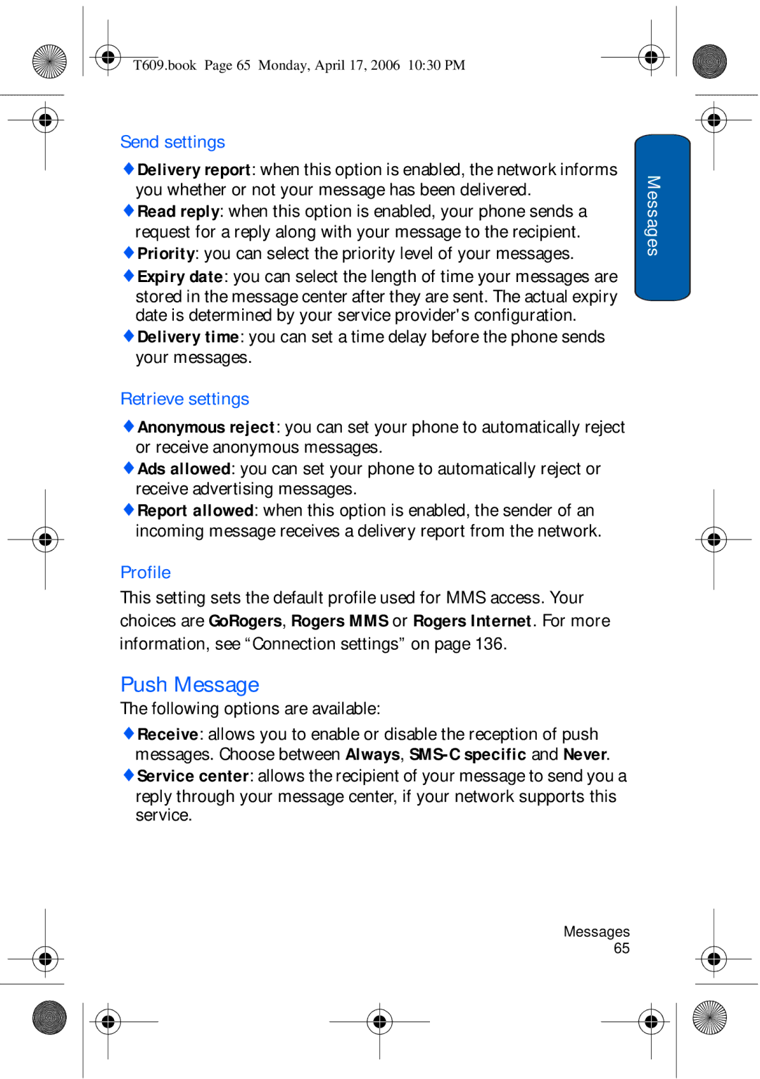 Samsung SGH-t609 Push Message, Priority you can select the priority level of your messages, Retrieve settings, Profile 