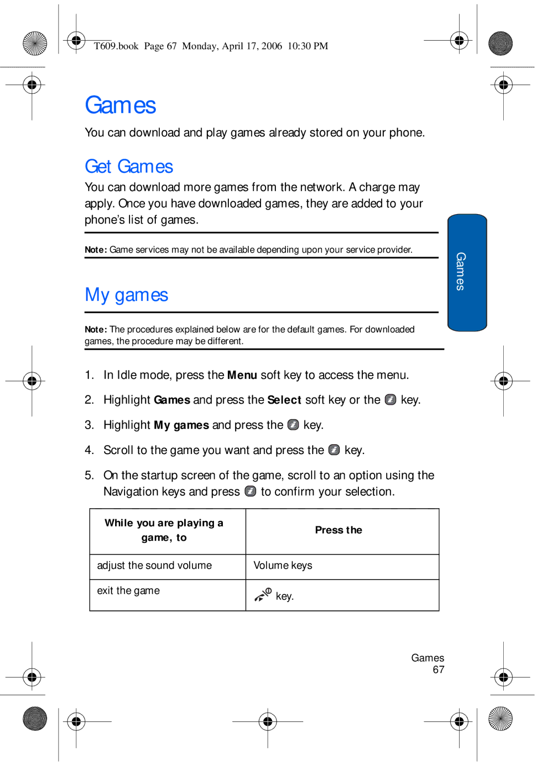 Samsung SGH-t609 manual Get Games, My games, Idle mode, press the Menu soft key to access the menu 