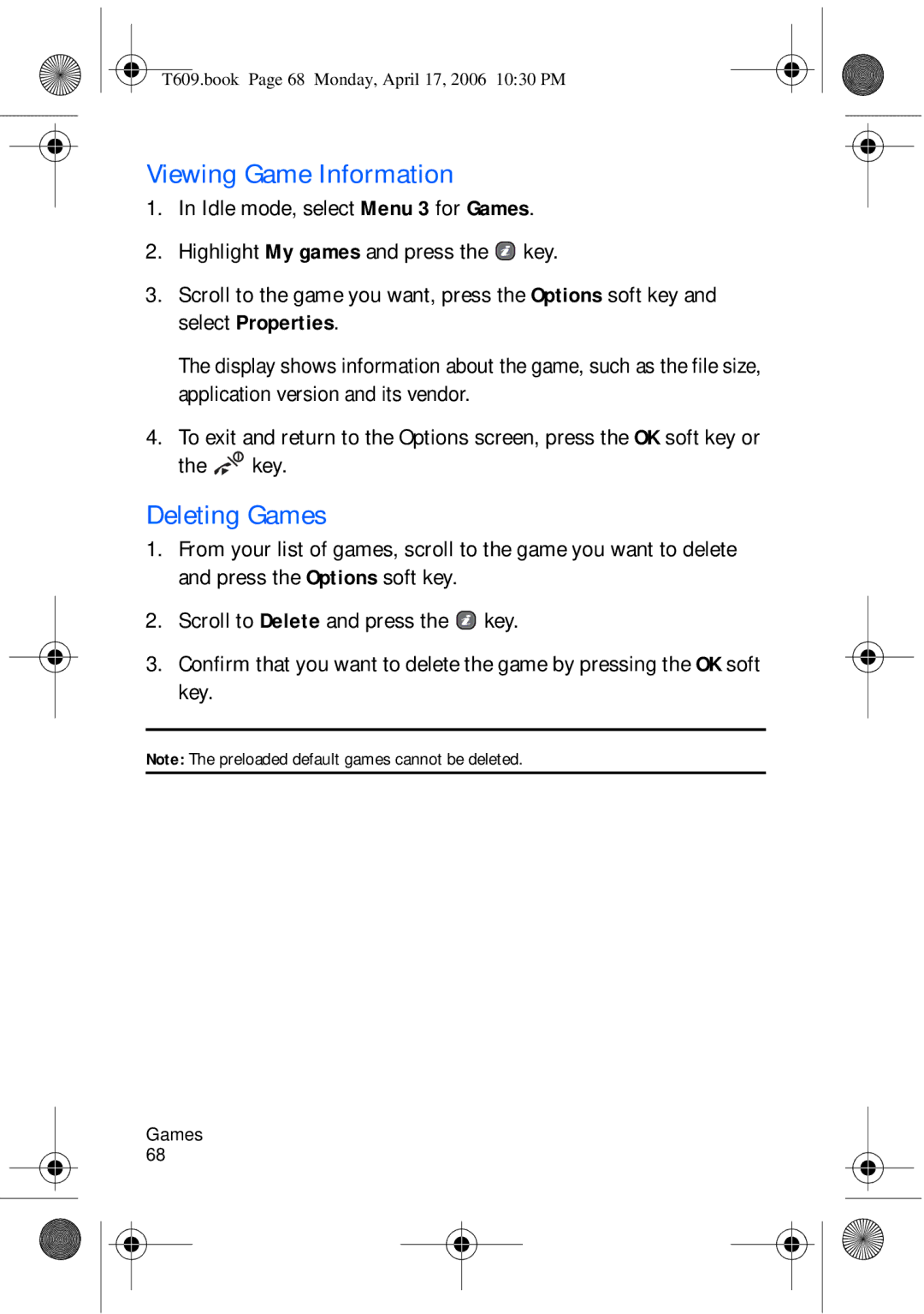 Samsung SGH-t609 manual Viewing Game Information, Deleting Games 