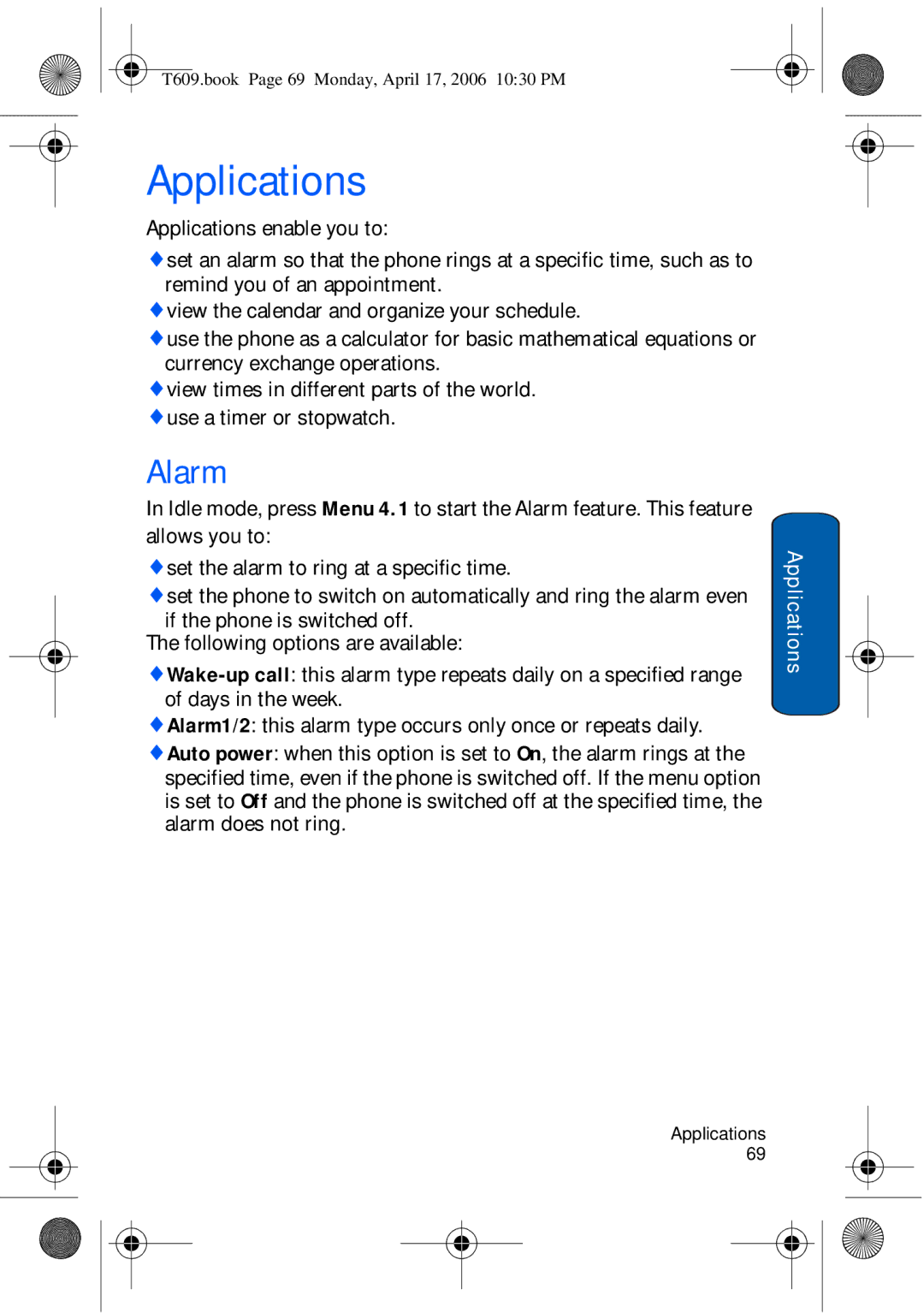 Samsung SGH-t609 manual Applications, Alarm 