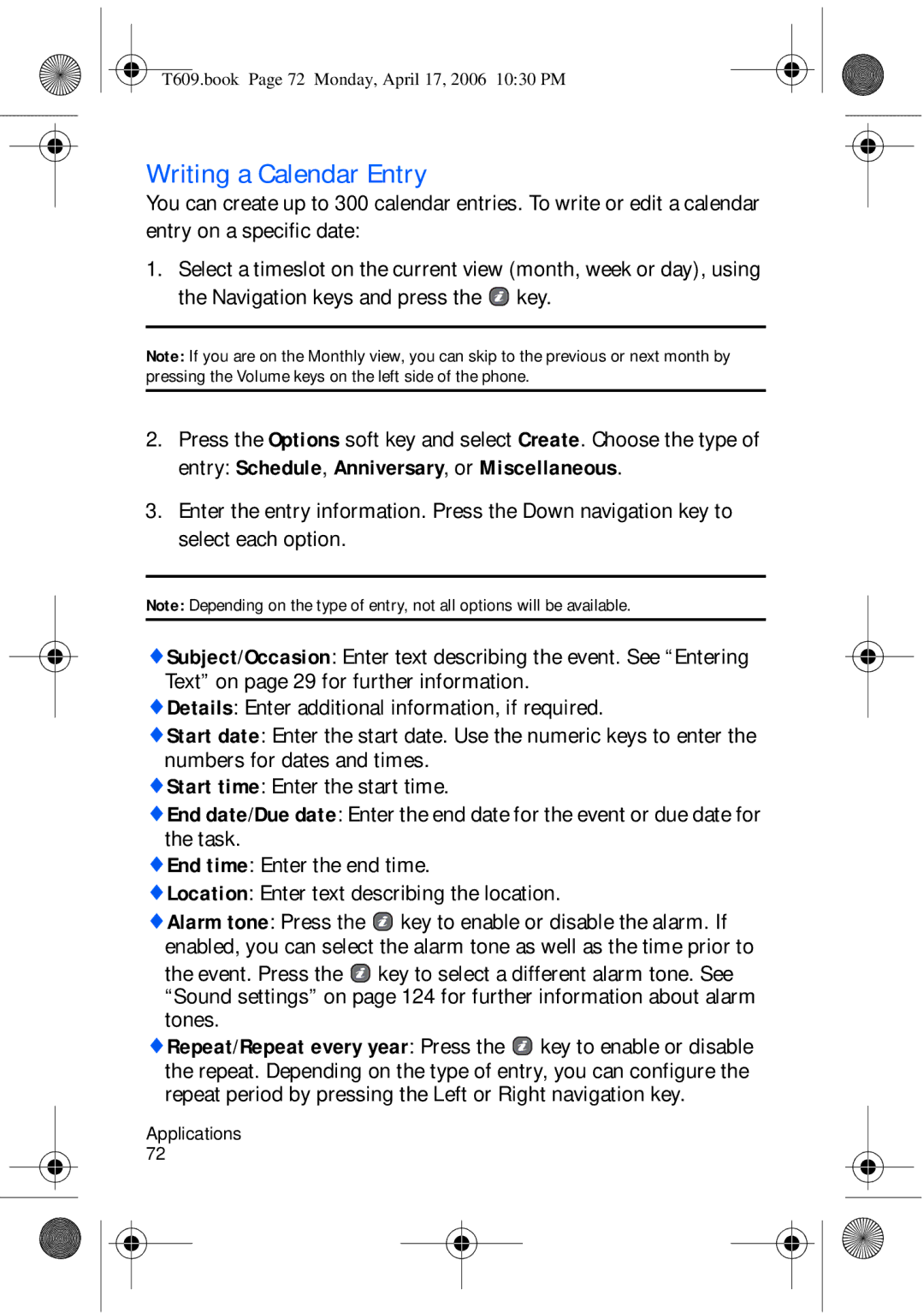 Samsung SGH-t609 manual Writing a Calendar Entry 