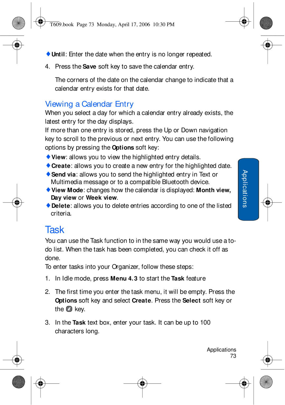 Samsung SGH-t609 manual Task, Viewing a Calendar Entry, View allows you to view the highlighted entry details 