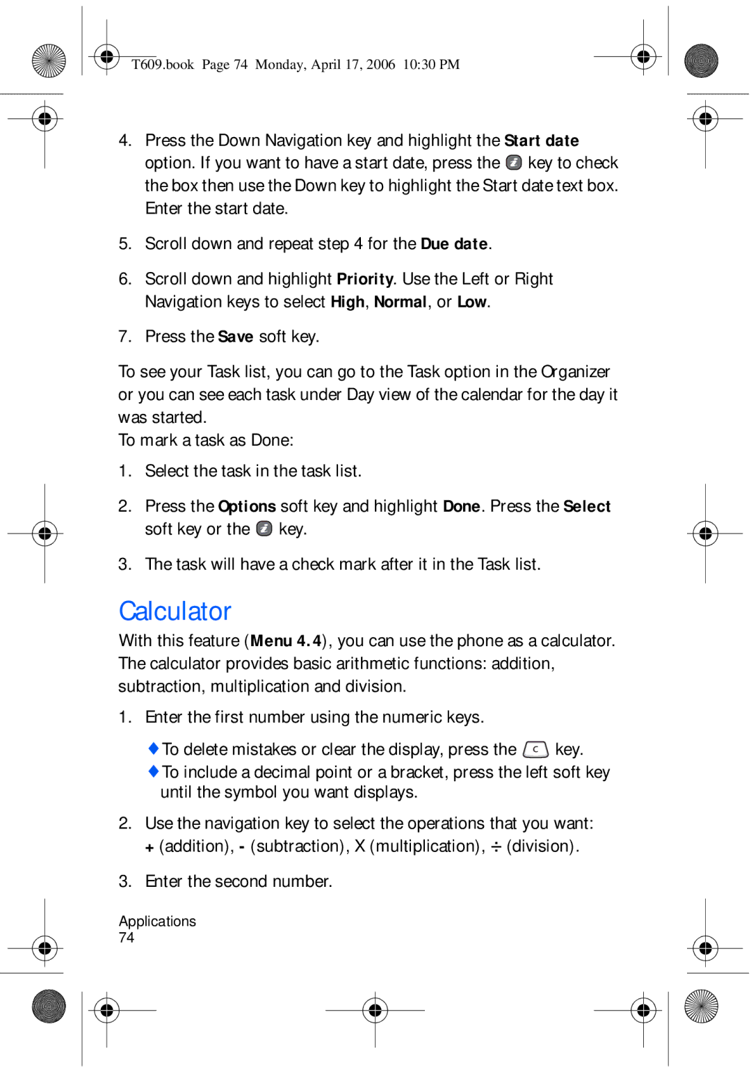 Samsung SGH-t609 manual Calculator, Until the symbol you want displays, Enter the second number 