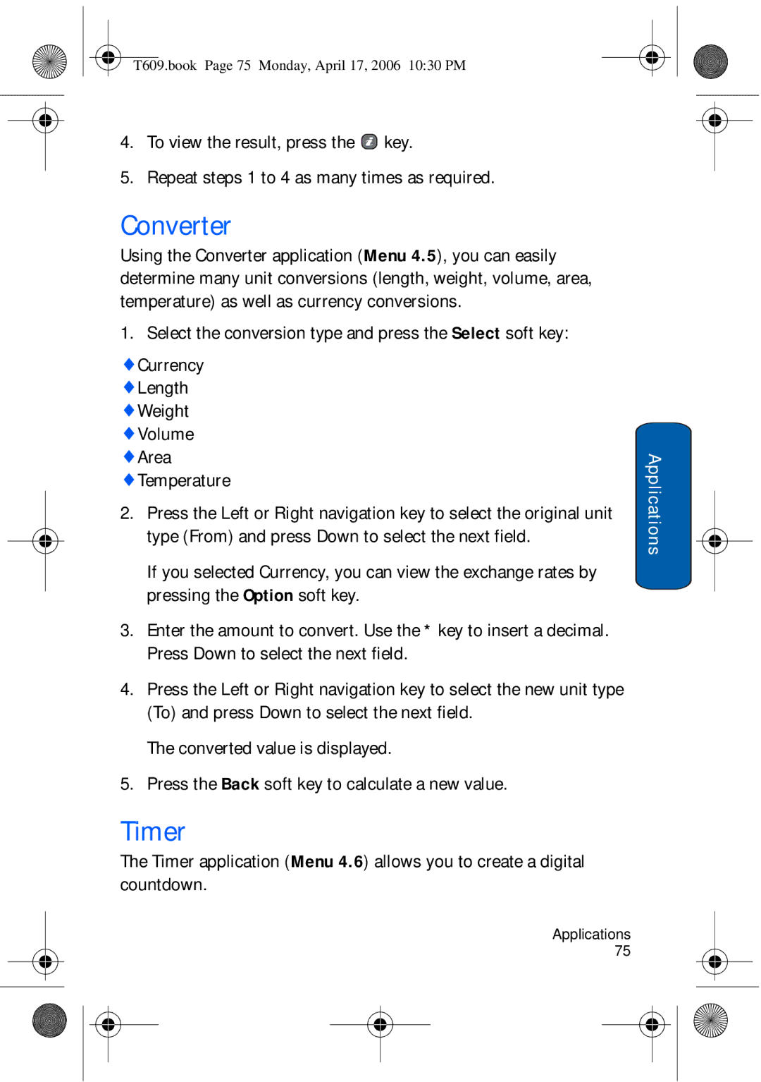 Samsung SGH-t609 manual Converter, Timer, Select the conversion type and press the Select soft key 