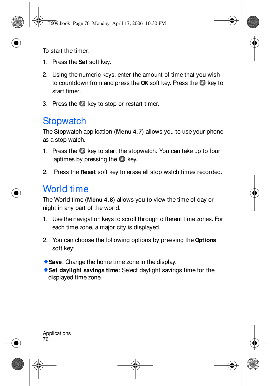 Samsung SGH-t609 manual Stopwatch, World time 