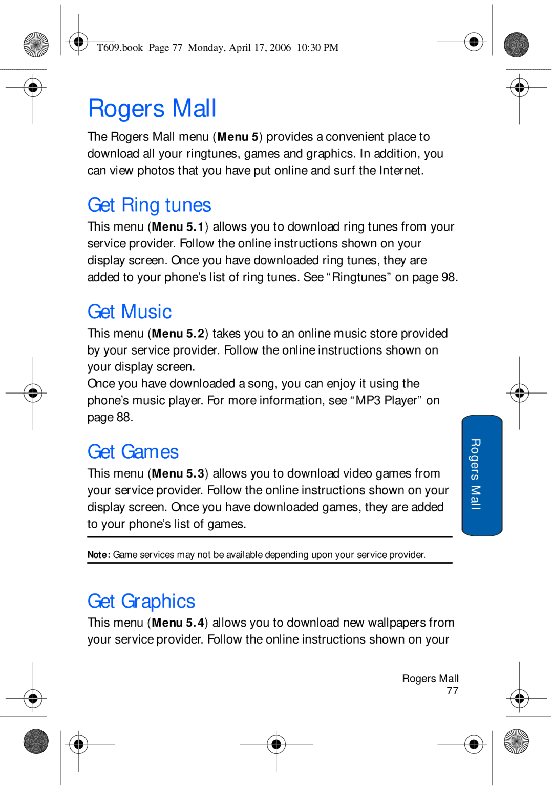 Samsung SGH-t609 manual Rogers Mall, Get Ring tunes, Get Music, Get Graphics 