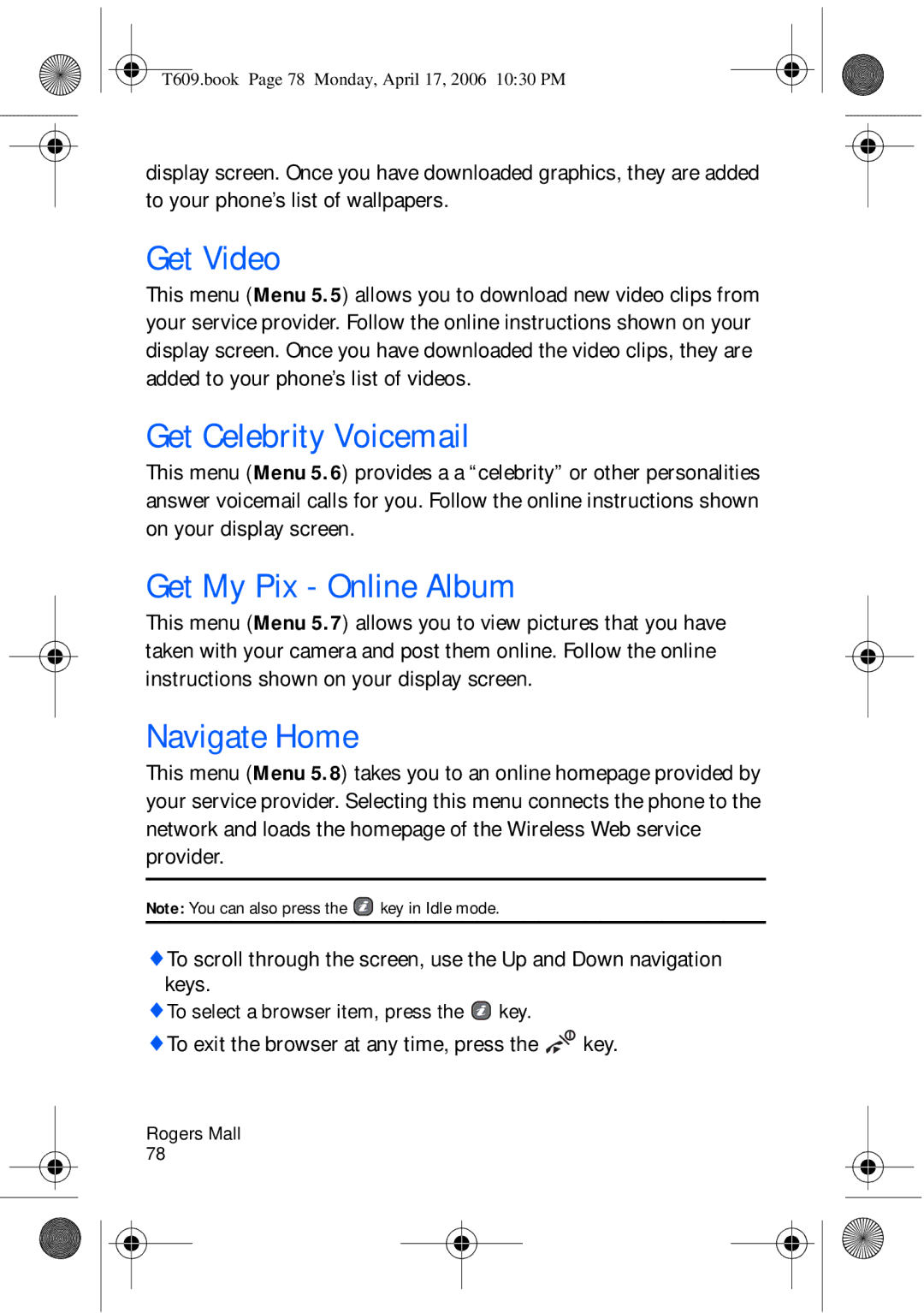 Samsung SGH-t609 manual Get Video, Get Celebrity Voicemail, Get My Pix Online Album, Navigate Home 