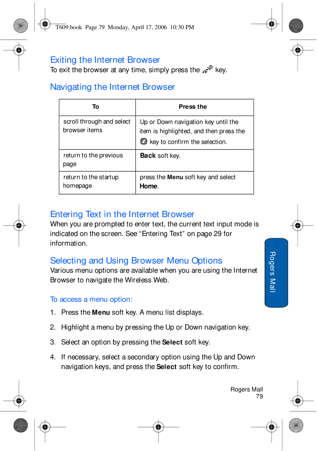 Samsung SGH-t609 Exiting the Internet Browser, Navigating the Internet Browser, Entering Text in the Internet Browser 