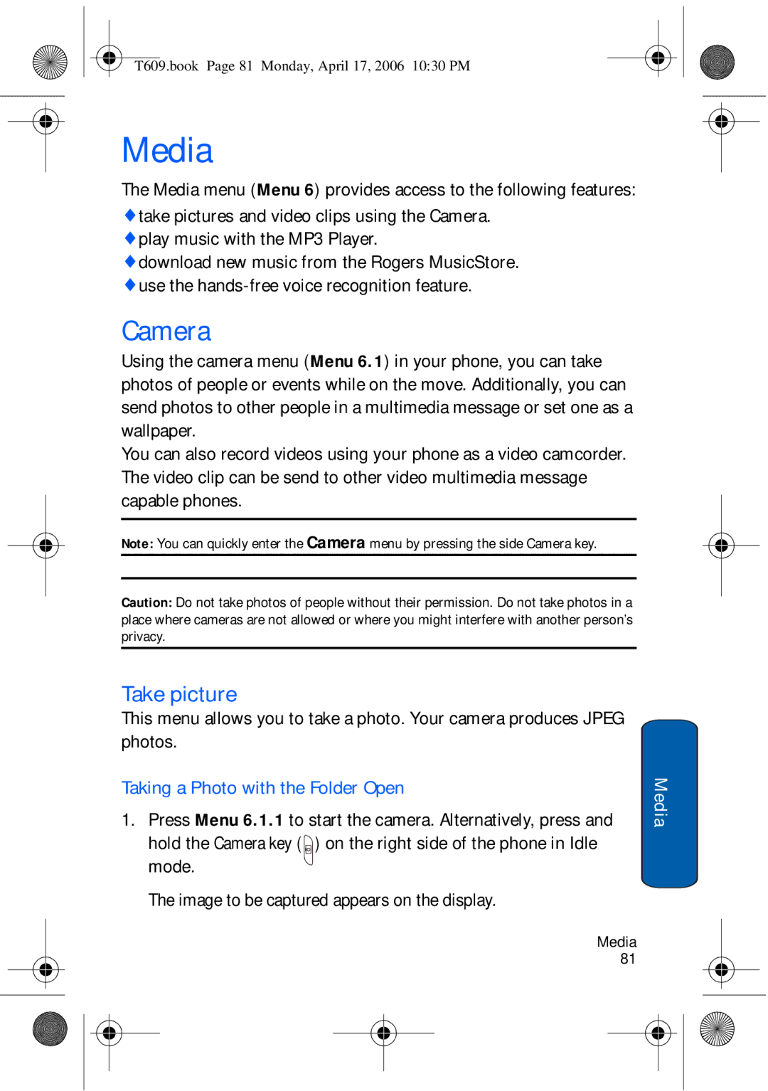 Samsung SGH-t609 manual Media, Take picture, Taking a Photo with the Folder Open 