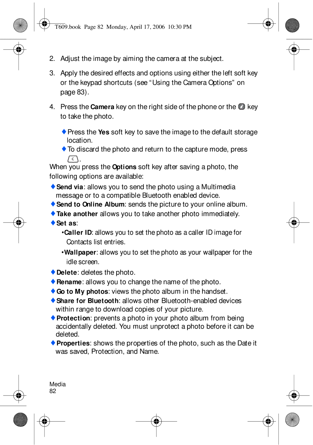 Samsung SGH-t609 manual T609.book Page 82 Monday, April 17, 2006 1030 PM 