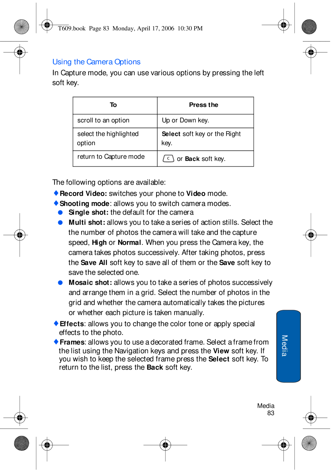 Samsung SGH-t609 manual Using the Camera Options 