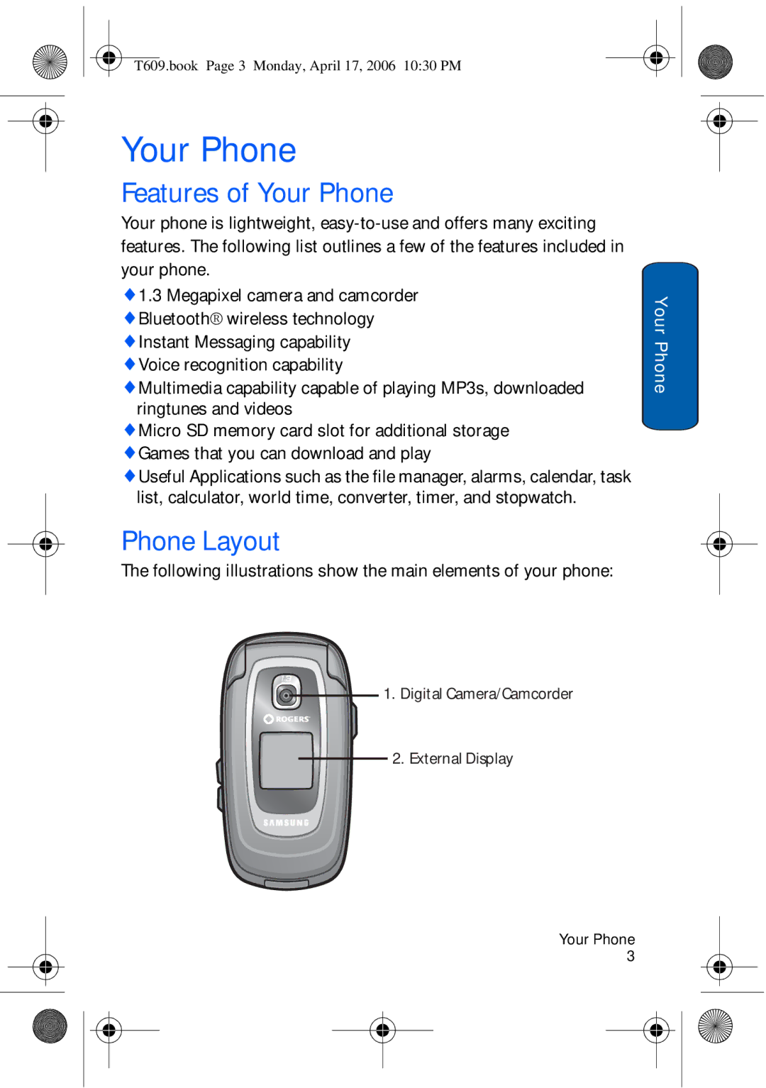 Samsung SGH-t609 manual Features of Your Phone, Phone Layout 