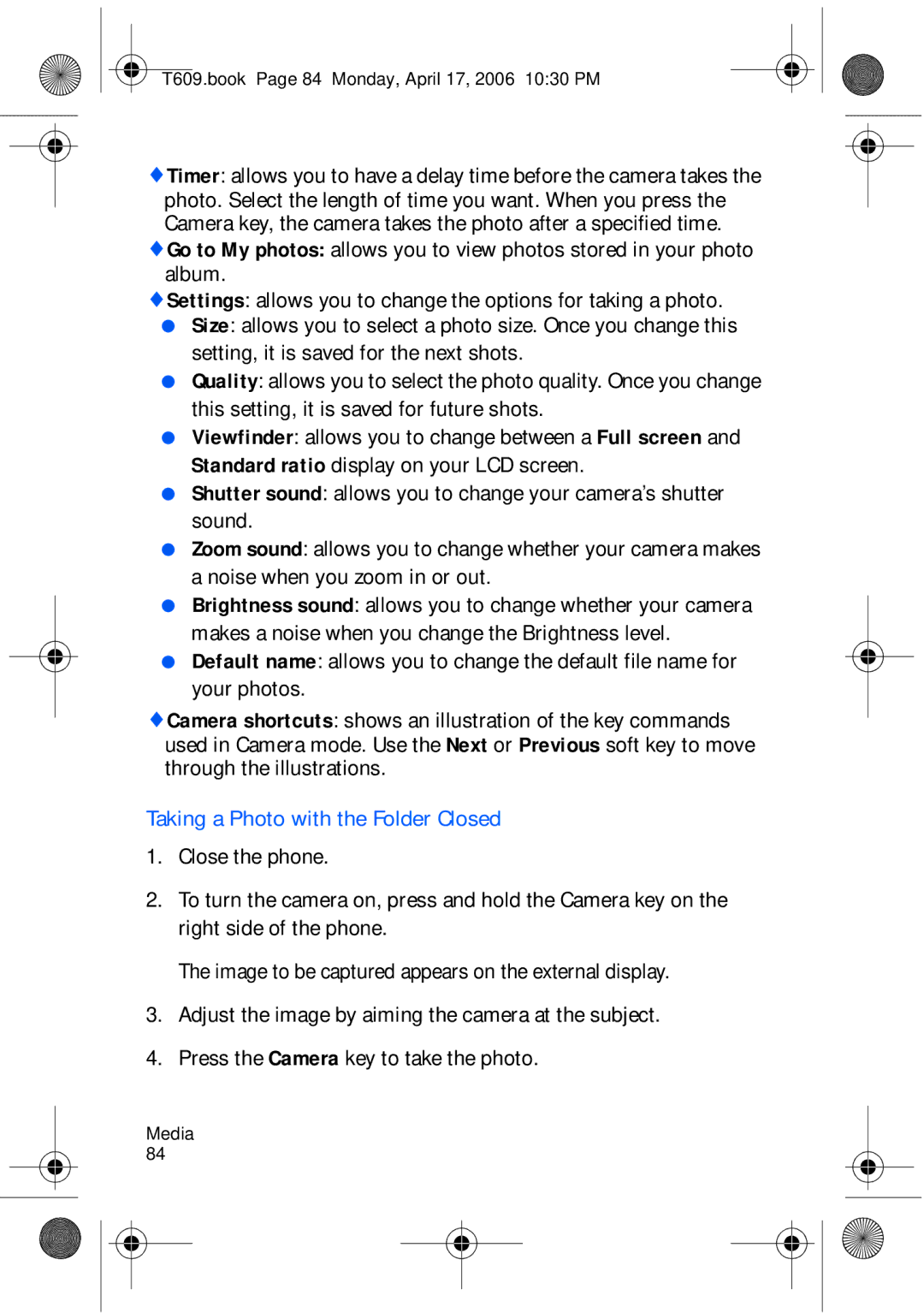 Samsung SGH-t609 manual Taking a Photo with the Folder Closed 