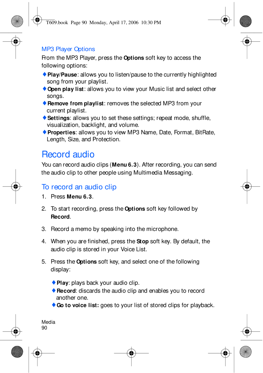 Samsung SGH-t609 manual Record audio, To record an audio clip, MP3 Player Options 