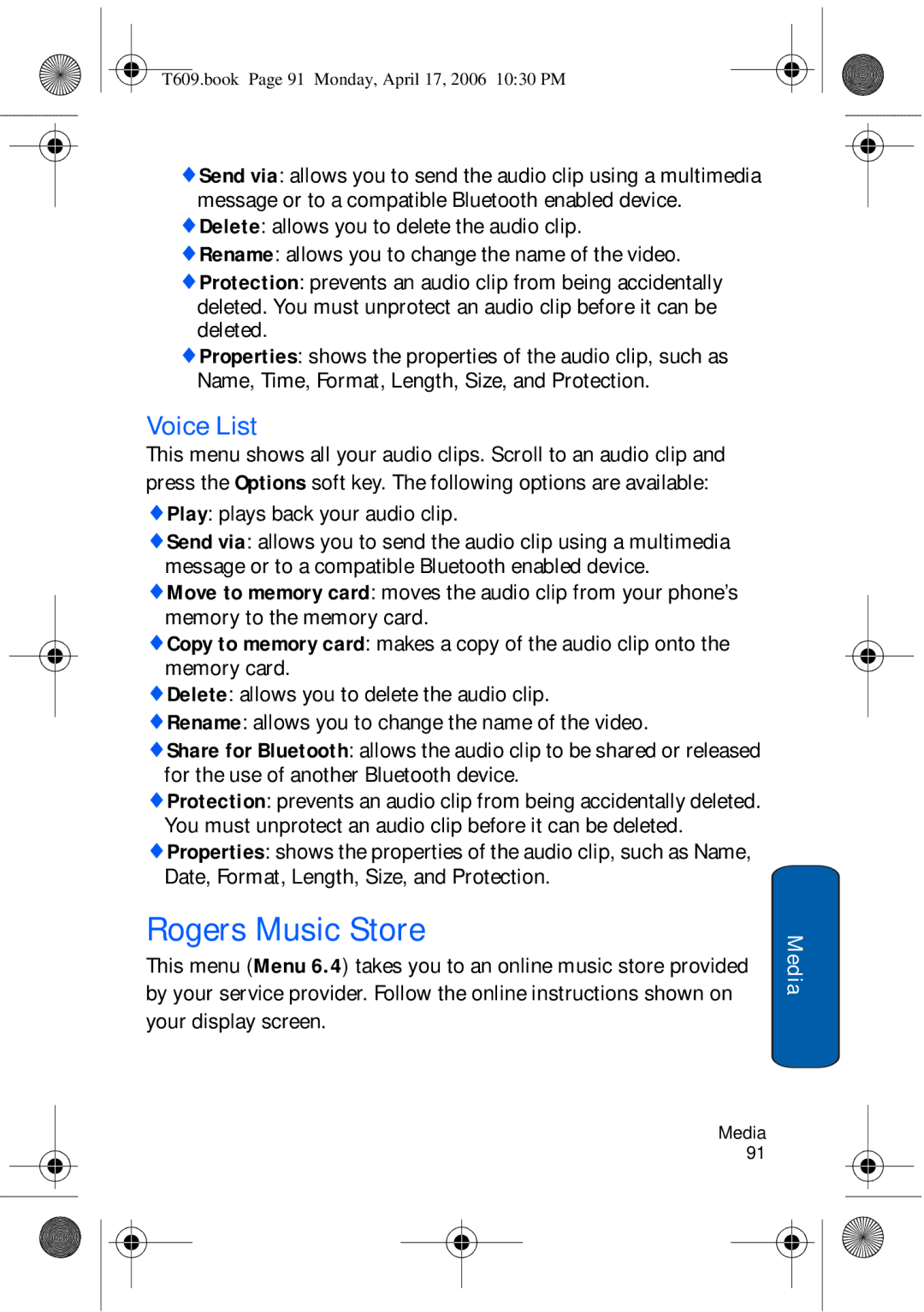 Samsung SGH-t609 manual Rogers Music Store, Voice List 