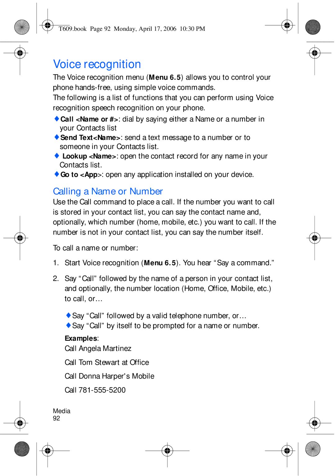 Samsung SGH-t609 manual Voice recognition, Calling a Name or Number, Call Angela Martinez 