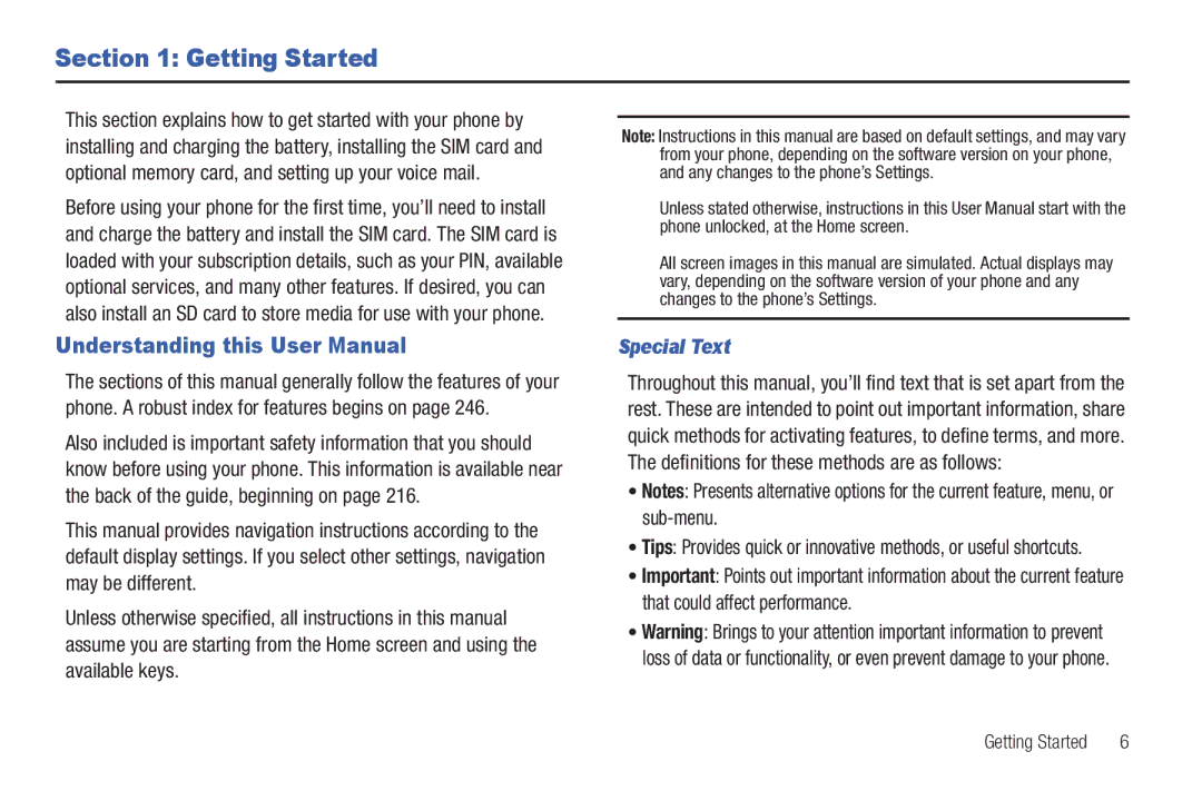 Samsung SGH-T839HABTMB user manual Getting Started, Special Text 