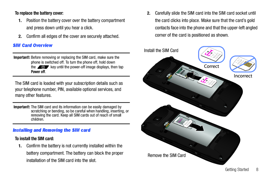 Samsung SGH-T839HABTMB user manual To replace the battery cover, SIM Card Overview, Installing and Removing the SIM card 