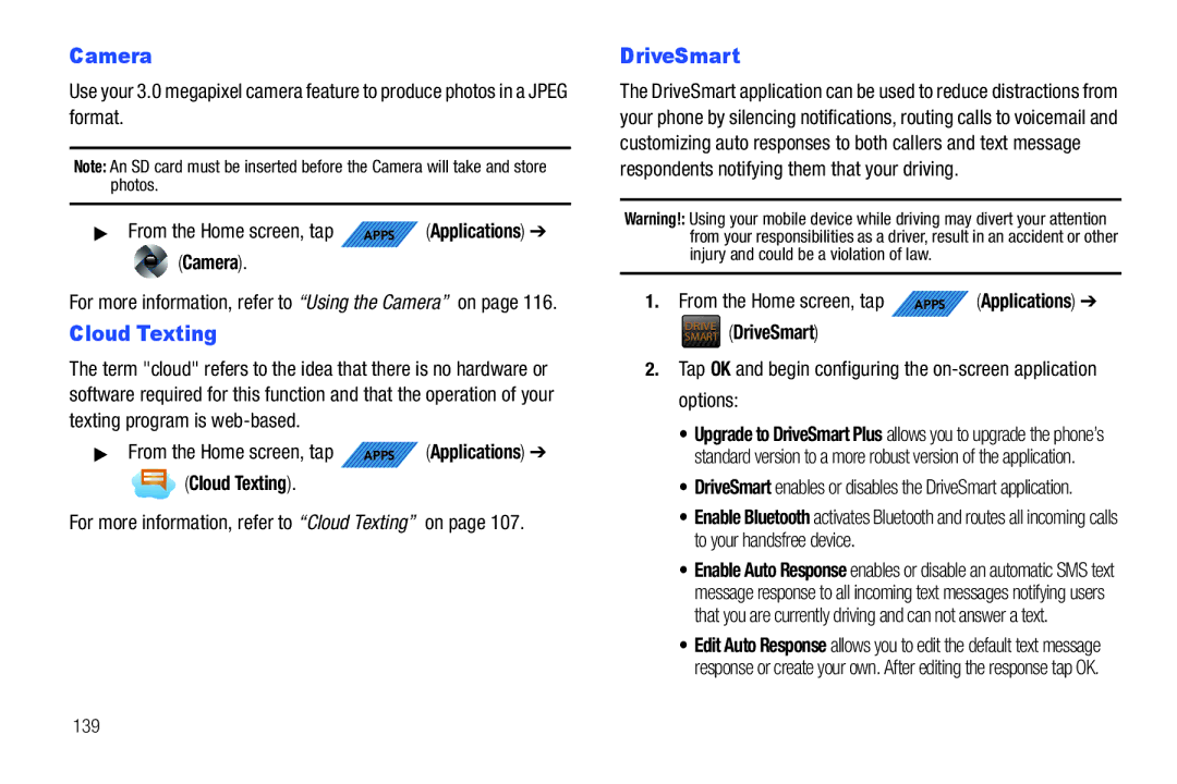 Samsung SGH-T839HABTMB user manual Camera, Drivesmart DriveSmart 