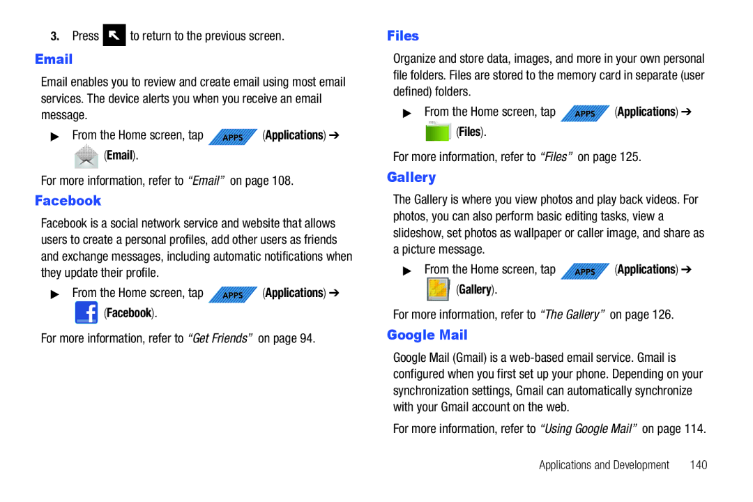 Samsung SGH-T839HABTMB user manual Facebook, Google Mail, For more information, refer to Email on 