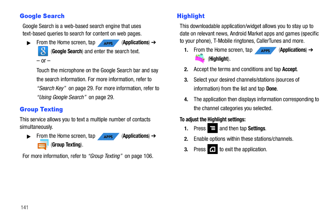 Samsung SGH-T839HABTMB user manual Google Search, To adjust the Highlight settings 