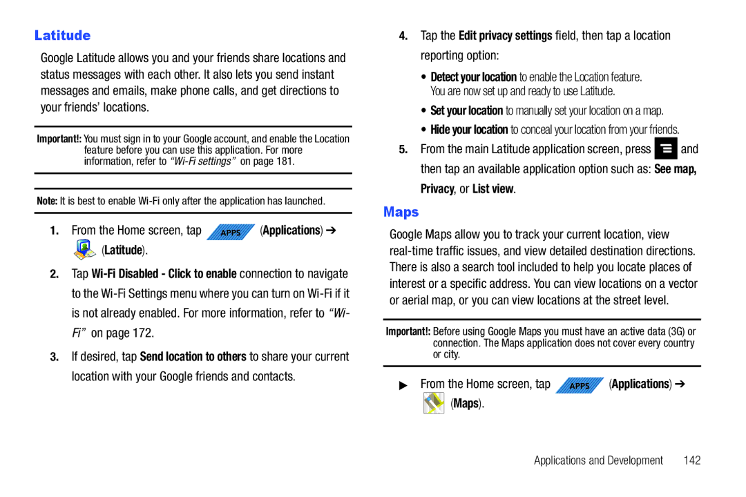 Samsung SGH-T839HABTMB Latitude, Privacy, or List view, From the Home screen, tap Apps Applications Maps, 142 