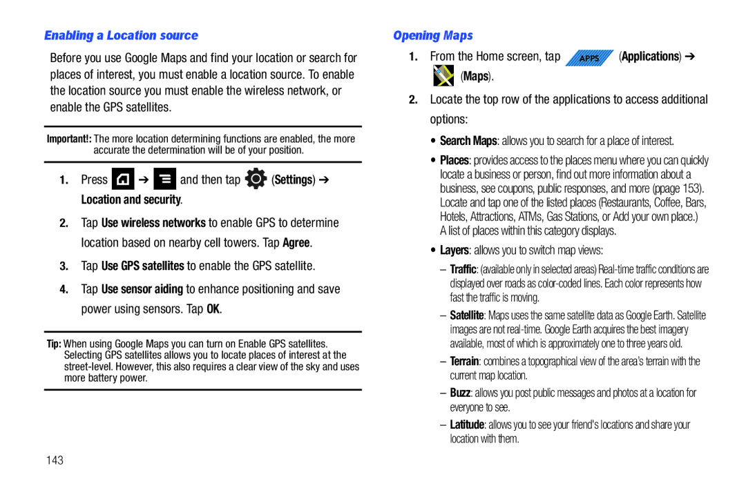 Samsung SGH-T839HABTMB Enabling a Location source, Press and then tap Settings Location and security, Opening Maps 