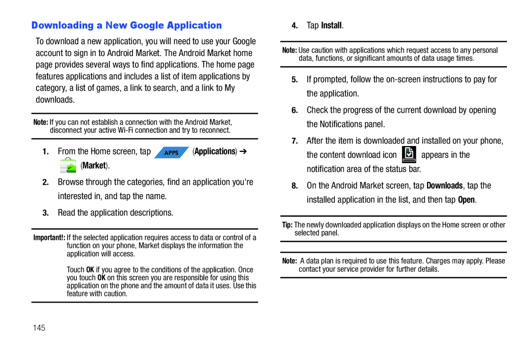 Samsung SGH-T839HABTMB user manual Downloading a New Google Application, Read the application descriptions, Tap Install 