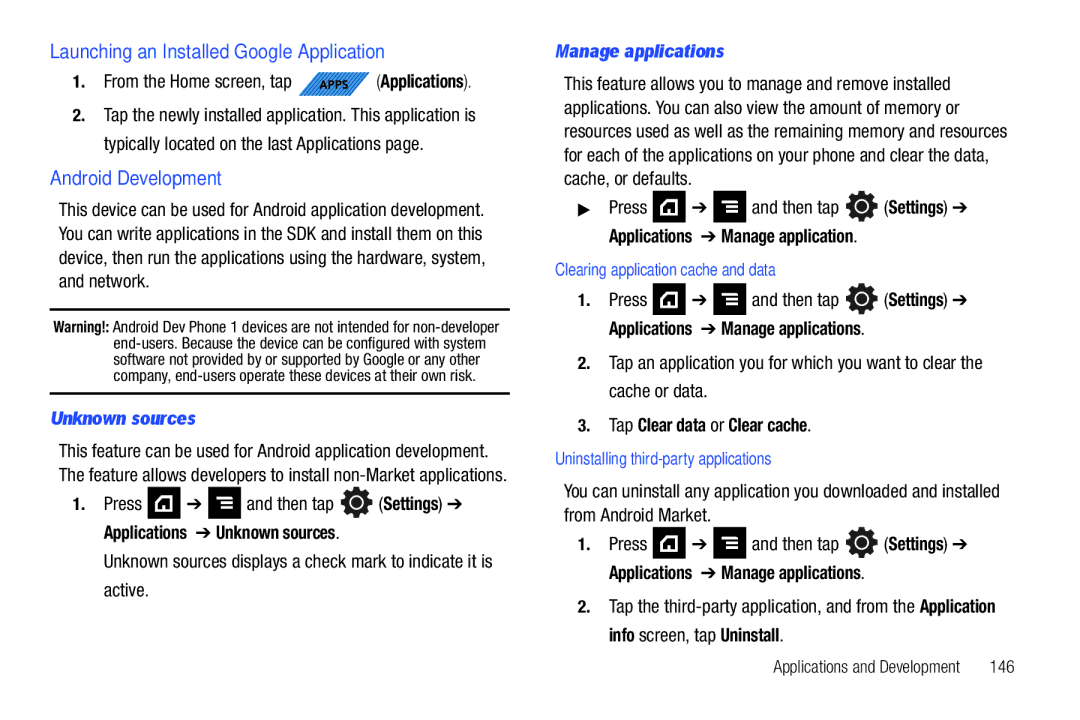 Samsung SGH-T839HABTMB user manual Launching an Installed Google Application, Android Development, Unknown sources 