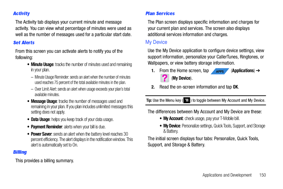 Samsung SGH-T839HABTMB user manual My Device, Activity, Set Alerts, Billing, Plan Services 