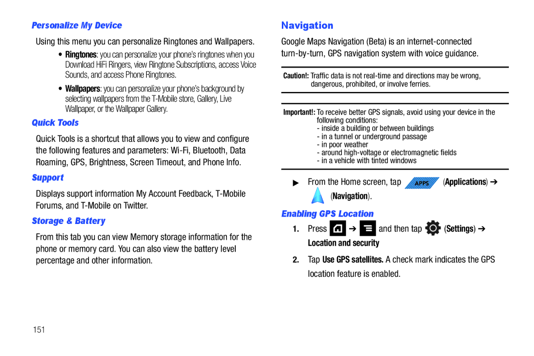 Samsung SGH-T839HABTMB user manual Navigation 