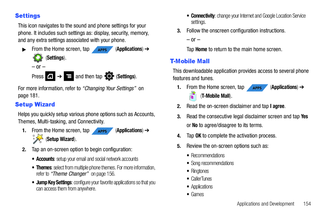 Samsung SGH-T839HABTMB user manual Settings, Setup Wizard, Mobile Mall, Tap an on-screen option to begin configuration 